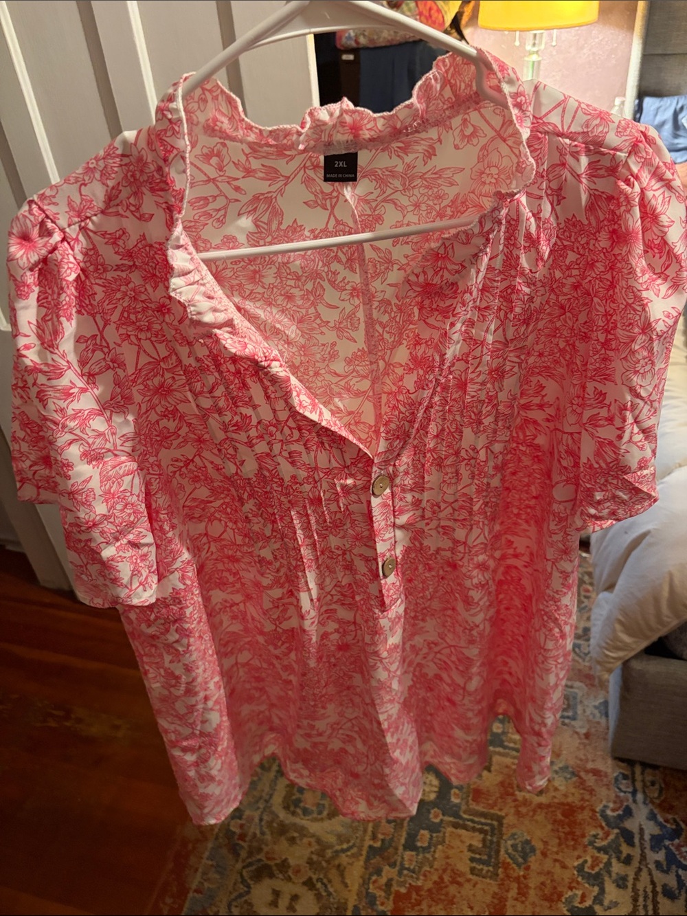 Pink Floral Short-Sleeve Ruffle-Trim Blouse